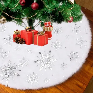 HOWAF Weihnachtsbaum Decke Weiß Plüsch Weihnachtsbaum Rock, 50cm Silber Schneeflocke Baumdecke Weihnachtsbaum Teppich Rund Christbaumdecke Tannenbaum Decke Christbaumrock Decke für Weihnachtsdeko