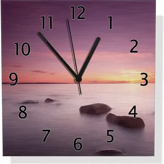 Wallario Design Wanduhr Nebel am See bei Sonnenuntergang aus Aluverbund, Größe 30 x 30 cm - Rosa