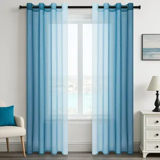 MRTREES Voile Gardinen mit Ösen Farbverlauf Tealblau 2er Set,H245 x B140 cm | Vorhänge Transparent,Vorhang Ösenschal für Wohnzimmer Modern Schlafzimmer,Tüll Gardine,Vorhang mit Horizontalem Farbverlauf