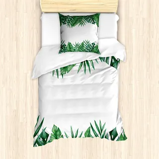 ABAKUHAUS Palmen Bettbezug Set für Einzelbetten, Wald Blätter Palmenblatt, Milbensicher Allergiker geeignet mit Kissenbezug, Jägergrün Grün Weiß - Grün