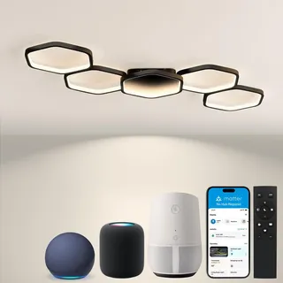 Yuanfenghua Matter Smart LED Deckenleuchte,Deckenleuchten Work with Alexa,HomeKit,GoogleHome and IFTTT,48W 3000-6500K Deckenlampe mit Fernbedienung für Schlafzimmer,Wohnzimmer,90cm,Schwarz