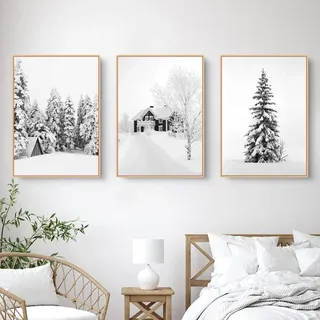 Herfair 3er Poster Set, Winter Weiße Kiefer Holzhaus Wandkunst Wandbilder Wohnzimmer Bilder, Moderne Leinwandbilder Wandposter, Wanddeko Bilder, Ohne Rahmen (30x40cm)