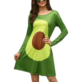 Spadehill ALIREVERIE Damen Halloween Langarm Rundhals Kostüme Obst Bedruckte Taschen A-Linie Minikleid, Grün - Avocado, XL