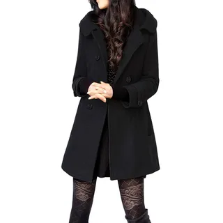 Tanming Damen Warm Zweireiher Wolle Erbsenmantel Trenchcoat Jacke mit Kapuze, Schwarz, S