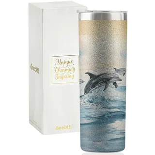 Onebttl Delfin Geschenke für Frauen, 590 ml Edelstahl-Becher mit Deckel und Strohhalm – glitzernder Sonnenuntergangs-Delphin