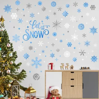 FUFUQUARE Wandtattoo Silber Weiß Schneeflocken Weihnachten Wandaufkleber Blau “Let it Snow” Winter Selbstklebend Wandsticker für Wohnzimmer Kinderzimmer Schlafzimmer Fenster Deko