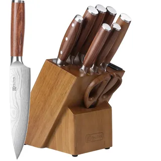 PAUDIN 10-teiliges Küchenmesser-Set mit Messerblock & integriertem Schärfer, 5Cr15Mov Edelstahl Messer mit Naturholzgriffen, scharfes Messerset für Alltag, Küche, platzsparende Aufbewahrung & Einzug