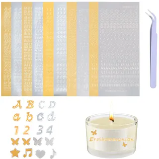DIPZO Wachsbuchstaben für Kerzen mit Pinzette - 10 Blätter Gold/Silber Sticker Selbstklebend für Taufkerze, DIY Basteln, Grußkarten (Gold & Silber)