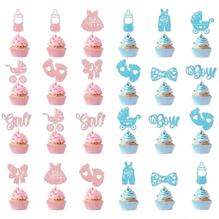 ZORVYN 24 Stück Gender Reveal Tortendeko Babyparty, Baby Boy or Girl Deko Kuchen, Baby Shower Cupcake Topper, Tortenstecker für Taufe, Gender Reveal Party Deko (Blau, Rosa)