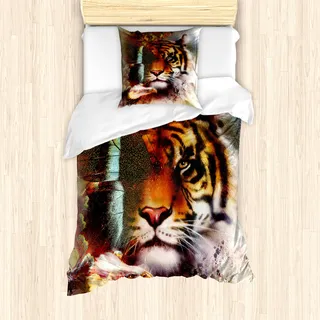 ABAKUHAUS Tiger Mantele, Natur, Wilde, Milbensicher Allergiker geeignet mit Kissenbezügen, 135 cm x 200 cm - 80 x 80 cm, Mehrfarbig