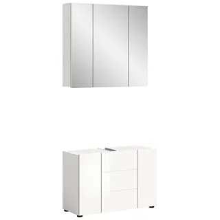 xonox.home - 2tlg. Kombination Vira Badezimmerkombination 82x190x34 cm in Front weiß Hochglanz Tiefzieh Korpus weiß Melamin inkl. Beleuchtung - Badmöbelset groß - modern und funktional
