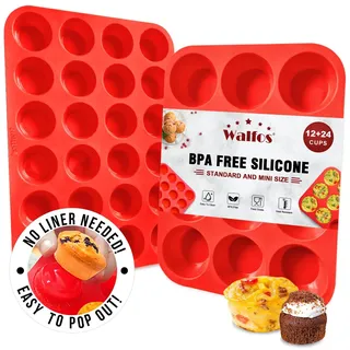 Walfos Silikon-Muffinform-Set - reguläre 12 Tassen Silikon-Muffinform und Mini 24 Tassen Cupcake-Form und spülmaschinenfest,BPA-frei,ideal für die Herstellung von Muffin-Kuchen, Tart, Brot