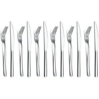 Steak Besteckset 12-Teilig, Premium Edelstahl 6 Tafelgabeln und 6 Tafelmesser-Set, Steakmesser Steakgabeln für 6 Personen, Hochglanzpoliert, Spülmaschinenfest (Silber Glanzend)