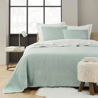 Douceur d'intérieur Mylene Tagesdecke, gesteppt (220 x 240 cm) und Kissenbezüge (60 x 60 cm), Salbei, geprägter Samt mit Sherpa