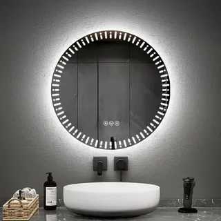 EMKE Badspiegel mit Beleuchtung LED Spiegel 60 cm mit beschlagfrei, Dimmbar 3 Lichtfarbe Rund Badezimmerspiegel Wandspiegel mit Touchschalter