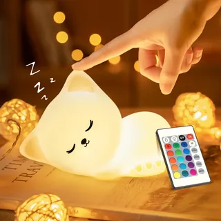 One Fire Nachtlicht Kinder, 16Farben 5Helligkeit Katze Nachtlicht Baby Stilllicht Dimmbar,Cat Kinderzimmer Deko Kawaii Deko, Katze Geschenke Baby Geschenk Mädchen 3-7 Jahre, Squishy Katze Spielzeug Kinder
