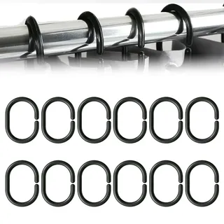 GNALIA Duschvorhangringe 12 Stück, Schwarze C-Form Haken 5,8Cm, Aus Stabilem Kunststoff Für Duschvorhangstangen