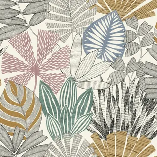 Rasch Tapeten 868258 - Vliestapete mit unterschiedlichen Blättern in Blau, Grün, Rosa, Braun, Schwarz und Weiß aus der Kollektion Symphony - 10,05 m x 0,53 m (LxB)