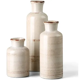 CwlwGO - Rustikale weiße Keramikvase für Bauernhaus-Heimdekoration, Set mit 3 kleinen dekorativen Vasen für Tisch, Wohnzimmer-Dekor, dekorative Note für Jede Raumdekoration.