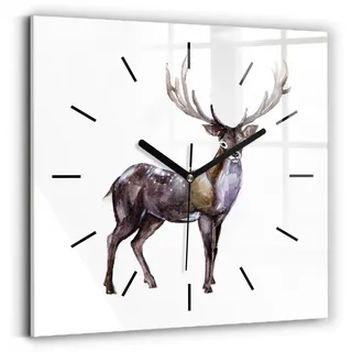 Wallfluent Wanduhr – Stilles Quarzuhrwerk - Uhr Dekoration Wohnzimmer Schlafzimmer Küche - Zifferblatt mit Striche - schwarze Zeiger - 30x30 cm - Hirsch, König des Waldes - Braun