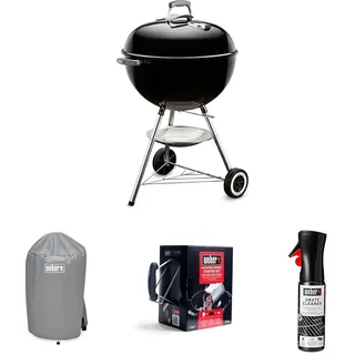Weber Classic Kettle Holzkohlegrill, Ø 57cm Grillfäche, BBQ Grill mit porzellanemaillierten Deckel & Kessel, Deckelthermometer, Dreibein-Ständer & Räder, verchromter Grillrost - Schwarz (1341504)