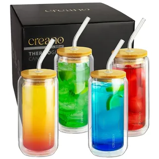 Creano doppelwandige Trinkgläser mit Bambusdeckel & Strohhalm 360ml - Smoothie Becher - Bubble Tea - Cocktailglas - 4er Set