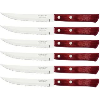 Tramontina Steakmesser, Pizzamesser, Set 6-teilig, 6 Steakmessern aus Edelstahl, Holzgriff FSC