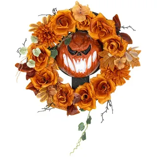 Outsunny Halloween Dekoration Hängender Kürbis-Kranz mit 44 LEDs mit Flammeneffekt , Textil , 9x44x44 cm , Dekoration