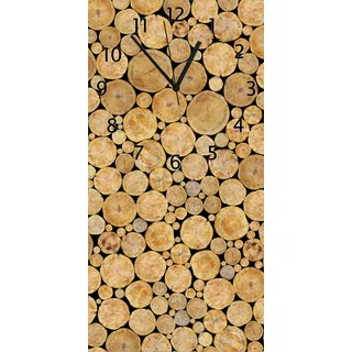 Wallario Design Wanduhr Holzstapel rund aus Echtglas, Größe 30 x 60 cm - Braun