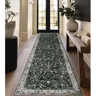 Homcomodar Teppich Läufer Flur 80x300cm Vintage Läufer Küchenteppich Waschbar Teppich Flur rutschfest Kurzflor Teppichläufer für Küche Eingang Schlafzimmer Wohnzimmer(Schwarz)