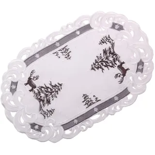 Quinnyshop Weihnachtsläufer - Bestickt mit Hirsch und Tanne Motiv Leinenoptik Polyester Grau-Weiß ca. 30 x 45 cm Oval
