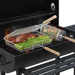 Ivtivfu Nestendes Rollendes Grillkorb Set mit Holzgriff (Eine Seite und ein Kreis), Rolling Grilling Basket, Grillnetzrohr für Den Außengrill für Gemüse, Grillkorb Edelstahl Zylindrisch, Grillnetz