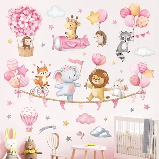 decalmile Wandtattoo Tiere Heißluftballon Rosa Wandaufkleber Safari Tiere Elefant Löwe Giraffe Wandsticker Schlafzimmer Babyzimmer Kinderzimmer Mädchen Wanddeko