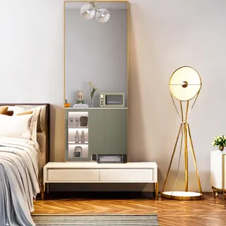 Rechteckiger Kosmetikspiegel aus gehärtetem Glas, goldfarbener Aluminiumrahmen, 1400 x 400 mm, elegantes, modernes Design für Schlafzimmer oder Badezimmer - Gold