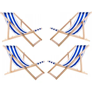 4 bequeme Liegestühle aus Holz, blau gestreift, ideal für den Strand, Balkon, Terrasse, montiert - Blau, Weiß, Braun
