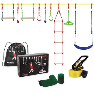 ALPIDEX Ninja Line Kinder Slackline Hindernisse Set Turnringe Seilknoten Schaukel Kletterleiter Zubehör Erweiterbar Warrior Parcours 7 Jahre Garantie auf Material*, Stil:Max