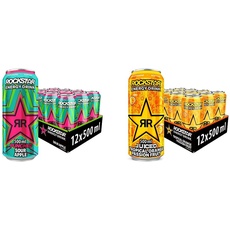 Rockstar Energy Drink Super Sours Green Apple & Energy Drink Juiced mit Mango, Orange & Passionsfrucht - Koffeinhaltiges Erfrischungsgetränk für den Energie Kick, EINWEG (12x 500ml)