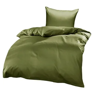 Mako Interlock Jersey Bettwäsche Garnitur Uni/enfarbig 100% Baumwolle 155x220 + 80x80 cm, Dunkelgrün - Olivgrün - dunkelgrün, Grün