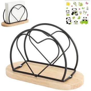 XRVRILE Serviettenhalter Herzform Holzsockel, Serviettenspender mit Panda Bambus Deko Sticker, 15.5x6.6x9.9cm Serviettenständer Sicherer Organizer für Küche Bar Restaurant (Schwarz)
