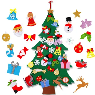 FengRise Flacher Filz Weihnachtsbaum - 4ft DIY Filz Weihnachtsbaum Kinder, 25pc Abnehmbares Goldpulver Schneemann Süßigkeiten Weihnachtsschmuck, Baum Weihnachten für Wanddekoration Kindergeschenk