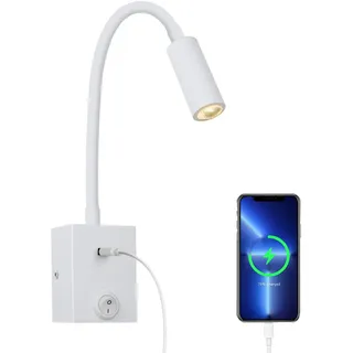 ERWEY LED Leselampe Wand, Bettlampe mit Schalter und USB-Ladeanschluss, 3W 3000K Warmweiß Bett Leselicht 360° Schwenkbar Schwanenhals Lampe Nachttischlampe für Schlafzimmer, Weiß
