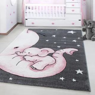 Ayyildiz Teppiche Kinderteppich "Kids 560, auch in rund erhältlich" rechteckig 12 mm Höhe auch in rund, Elefanten Baby Sterne, Kurzflor, pink, grau