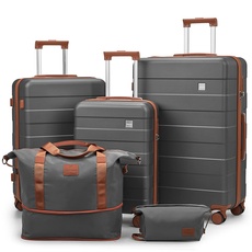 imiomo 3-teiliges Gepäck-Set, Koffer mit Spinnrädern, Gepäck-Set für Damen, leicht, rollbar, Hartschalen-Reisegepäck mit TSA-Schloss, grau, 5PCS Set, Hartschalengepäck mit Spinnrädern