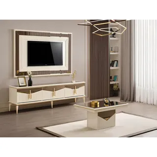 Wohnwand TV Ständer Wandpanel Couchtisch RTV Lowboard Gold 3tlg Beige