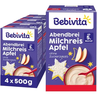 Bebivita Abendbrei Milchreis mit Apfel (4x500g), Milchbrei ab 5. Monat, mit wertvollen Mineralstoffen und Vitaminen, ohne Zuckerzusatz, gut sättigend