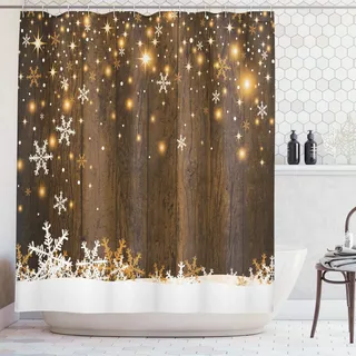 ABAKUHAUS Weihnachten Duschvorhang, Holz und Schneeflocken, Waserdichter Stoff mit 12 Haken Set Dekorativer, 175 x 200 cm, Braun Weiß