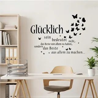 Zyrtkeriom Wandtattoo „Glücklich“ – schwarzer selbstklebender Spruch-Wandsticker, Wanddeko für Schlafzimmer, Wohnzimmer und Küche, modernes Heimdesign
