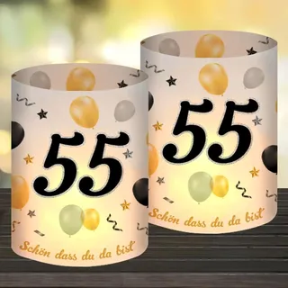 12 Windlicht Tischdeko 55 Geburtstag, Happy Birthday Tischdeko 55. Geburtstag Frauen, Deko 55 Geburtstags Frau Mann, Geeignet für Teelichter oder Kerzen mit Schön DASS Du Da Bist und Eukalyptus