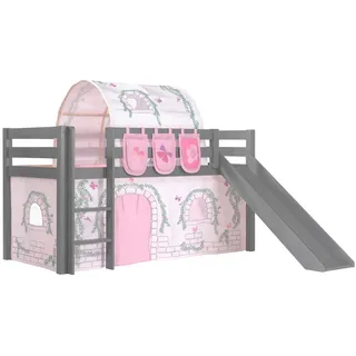 Vipack Hochbett »Pino, Spielbett massiv Kiefer, stabil gebaut, 3 Korpusfarben zur Wahl« inkl. Rolllattenrost, Leiter und Absturzschutz, mit oder ohne Rutsche, Textil-Set "Astronaut", inkl. Vorhang, mit oder ohne Tunnel, grau