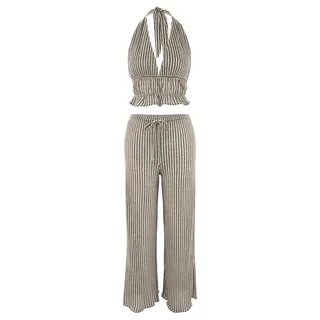 Striped Knitted Backless Halter Beach Blouse Trousers Set Tbess26Au00007